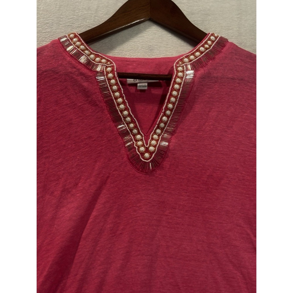 Chicos Women Linen Top XXL Beaded V-Neck Pink 3/4 Sleeve Coastal Resort Blouse